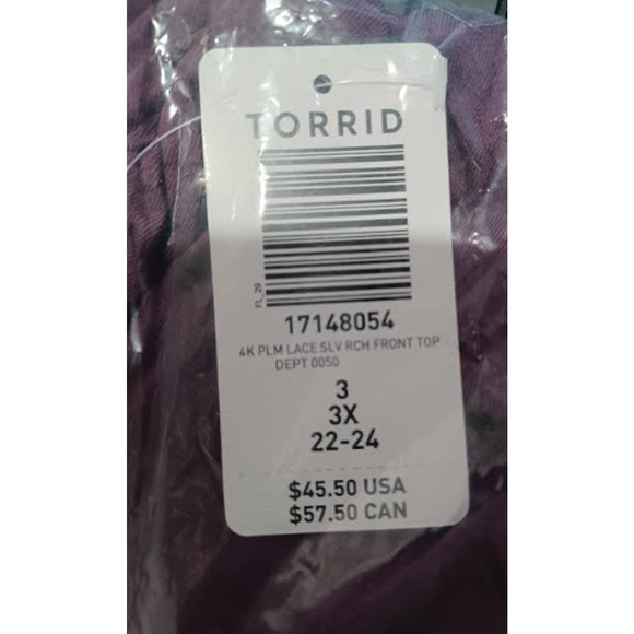 TORRID SIZE 3 LACE V-NECK RUCHED FRONT LONG SLEEVE TOP SIZE 22-24, 3X - Picture 6 of 6